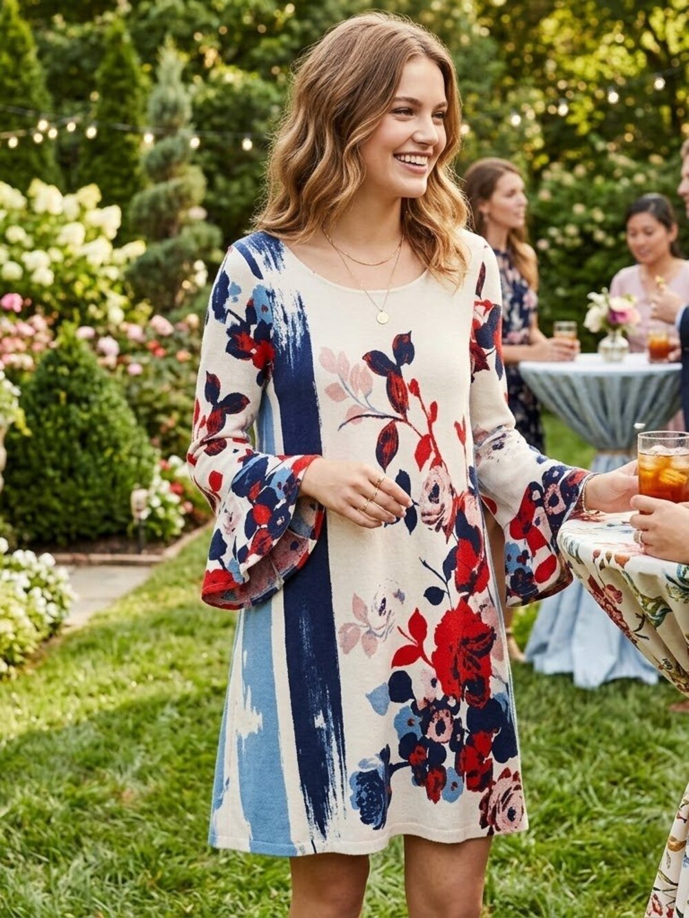 Anthropologie Maeve Anthousai Floral Knit Bell Sleeve Swing Dress Cream Boho Med